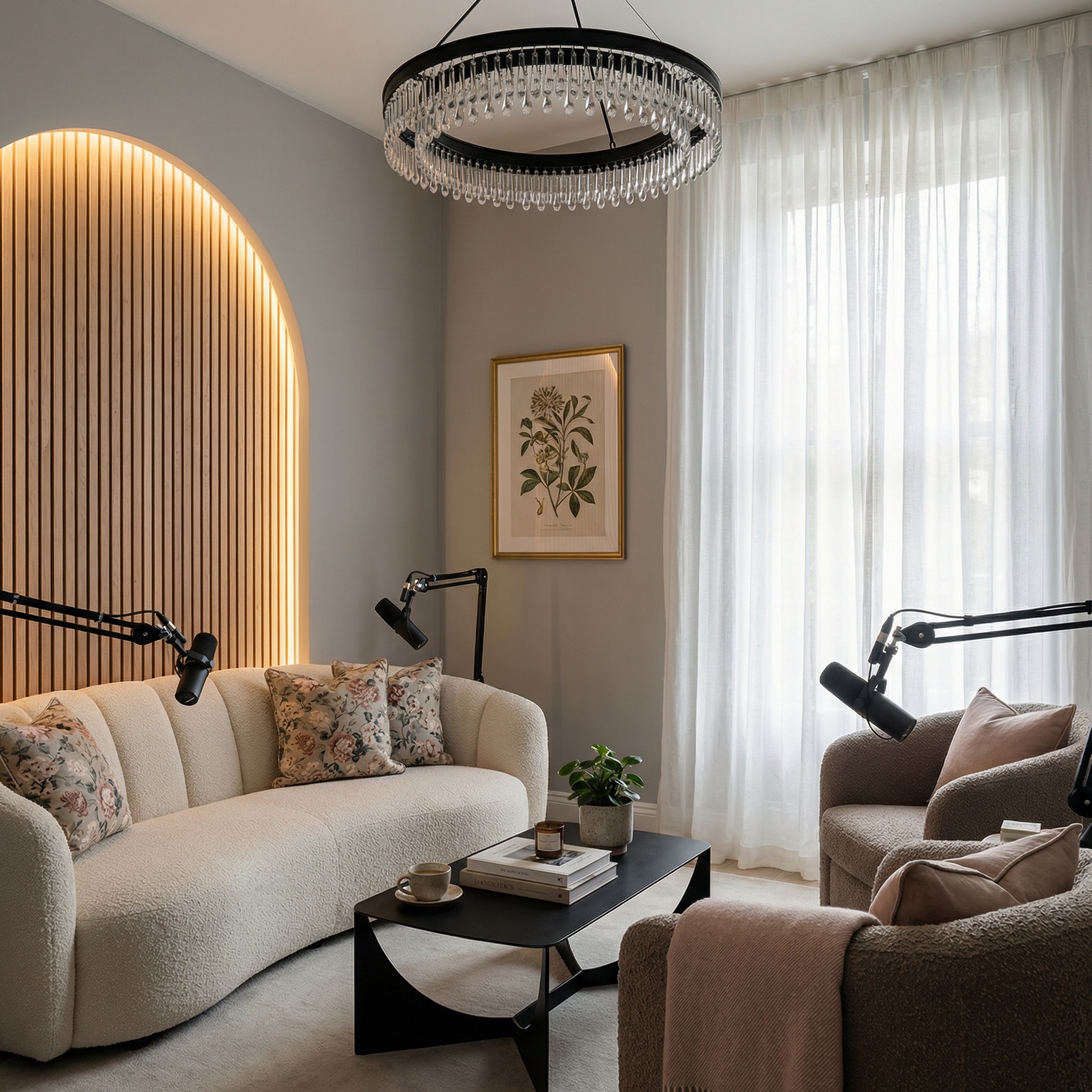 Feminine Studio with elegant warm lighting and inviting atmosphere